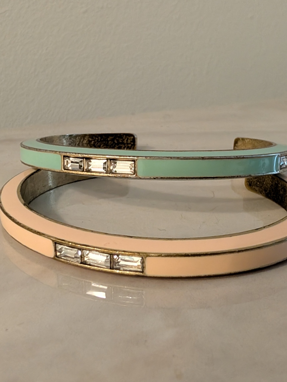 J Crew Mint and Peach Enamel Cuff Bracelets with Crystal Accents